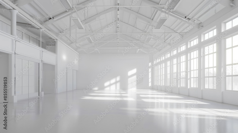 Spacious white warehouse with a minimalistic design and an empty, open floor plan, set against a pure white background. Spacious white warehouse with a minimalistic design and an empty, open floor plan, set against a pure white background.