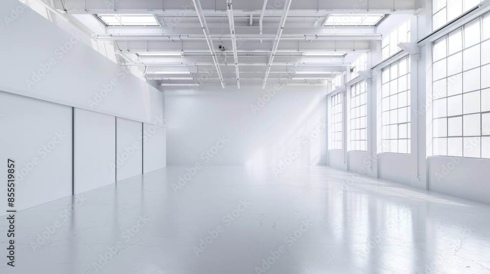 Spacious white warehouse with a minimalistic design and an empty, open floor plan, set against a pure white background. Spacious white warehouse with a minimalistic design and an empty, open floor plan, set against a pure white background.