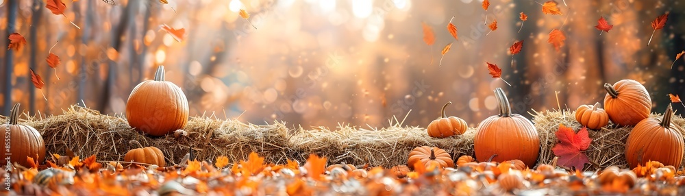 Vibrant Pumpkin Patch with Autumn Leaves and Hay Bales in Rustic Farmland Landscape Vibrant Pumpkin Patch with Autumn Leaves and Hay Bales in Rustic Farmland Landscape