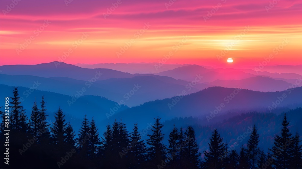 Obraz premium Breathtaking Autumn Sunset Over Majestic Mountain Range With Silhouetted Trees