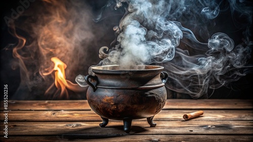 Ancient Open Pot Containing Smoking Evil Powder on Aged Wooden Table. Mysterious and Spooky Scene with Dark Magical Elements and Atmospheric Details Evoking a Sense of Foreboding photo