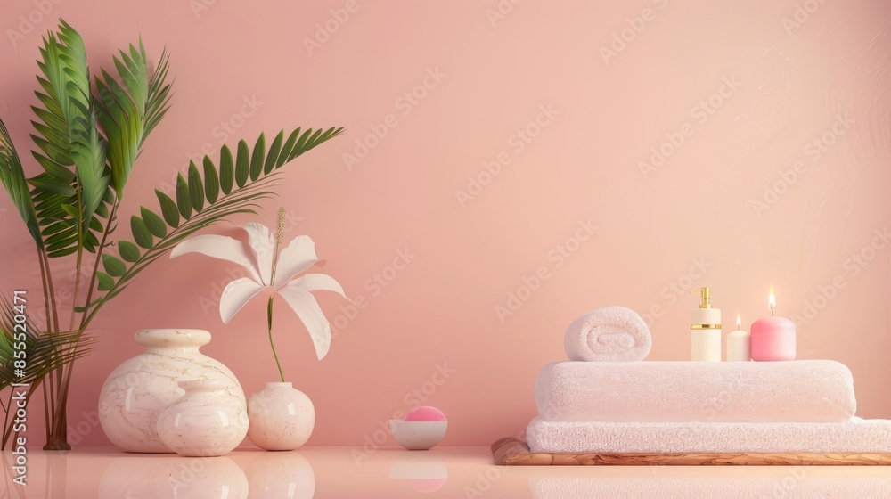 A pink wall with a vase of white flowers and a small table with a stack of white towels