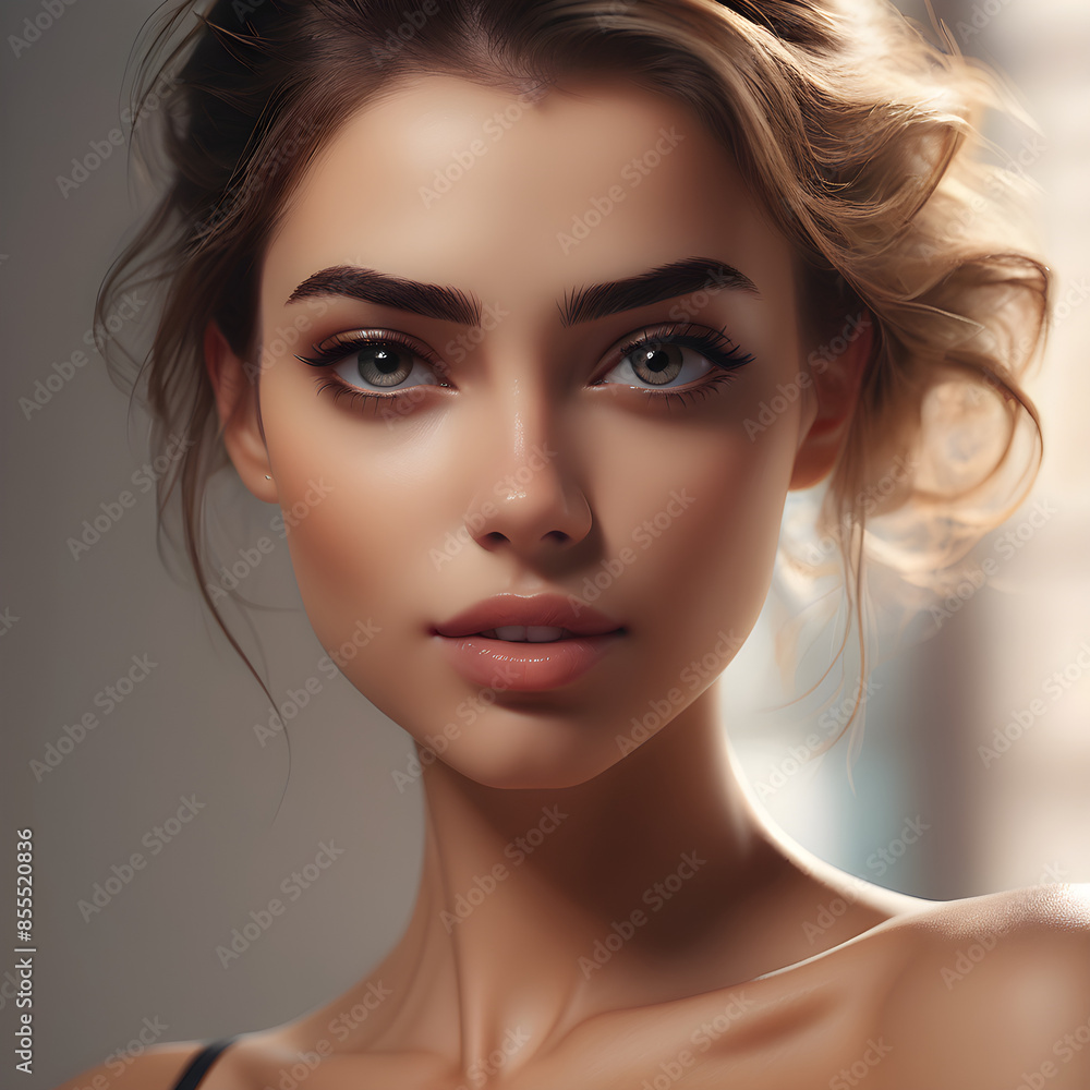 Un encantador acercamiento a una mujer de pelo castaño con unos ojos hermosos Un encantador acercamiento a una mujer de pelo castaño con unos ojos hermosos