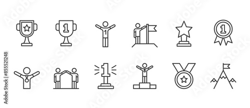 Champion, first place - flat line icons set, editable stroke, vector eps10 illustration