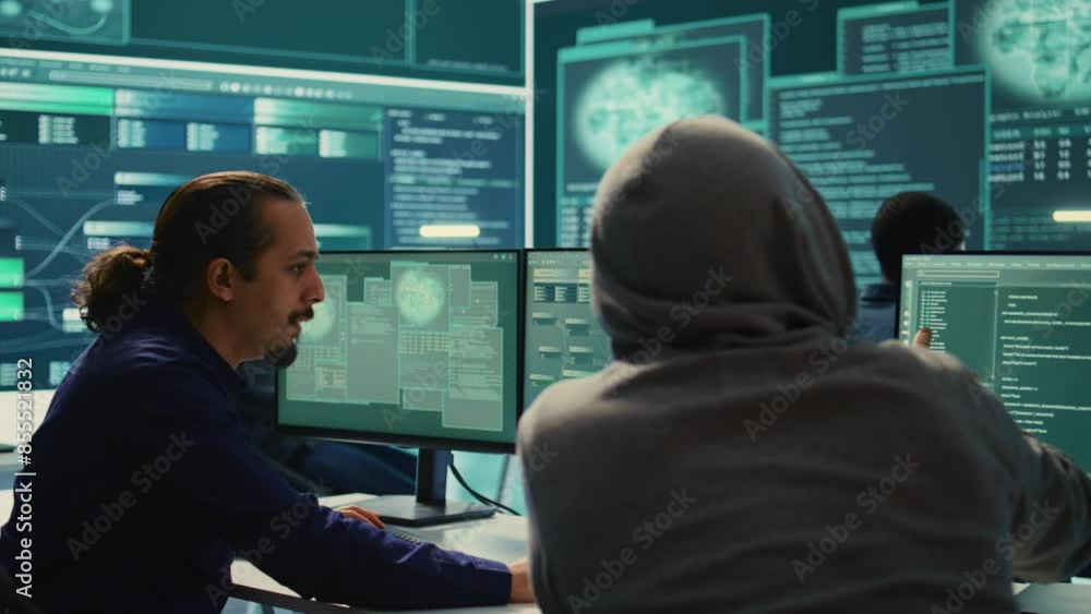 Cyber security experts in a governmental hacking room working on securing networks. Hackers focusing on malware detection, cyber operations and protection against digital mercenaries. Camera B.