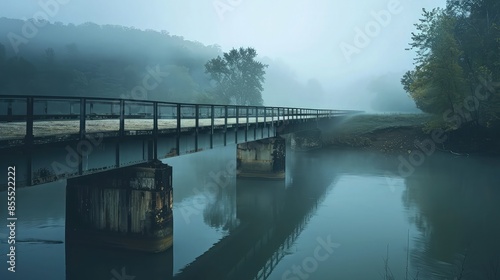 A misty bridge over a murky river in the early morning hours, the fog so thick that it obscures the other side, suggesting an eerie crossing point for zombies. photo
