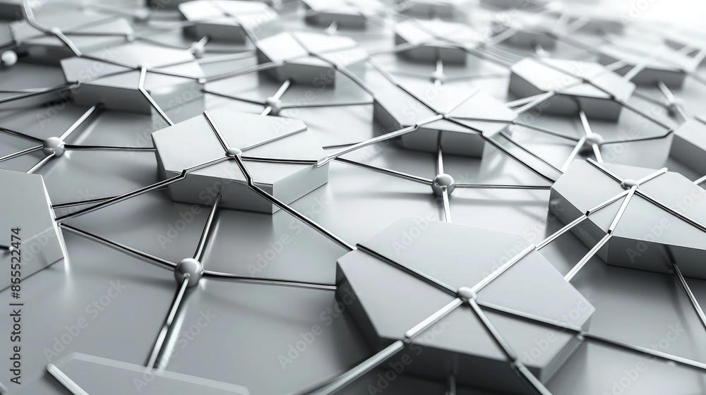 Fototapeta premium Close-up abstract representation of a complex, three-dimensional network structure featuring interlocking polygonal metallic plates and nodes.