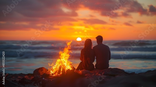 Couple Enjoying Sunset Bonfire on Beach Roasting Marshmallows in Warm Intimate Moment © Thares2020