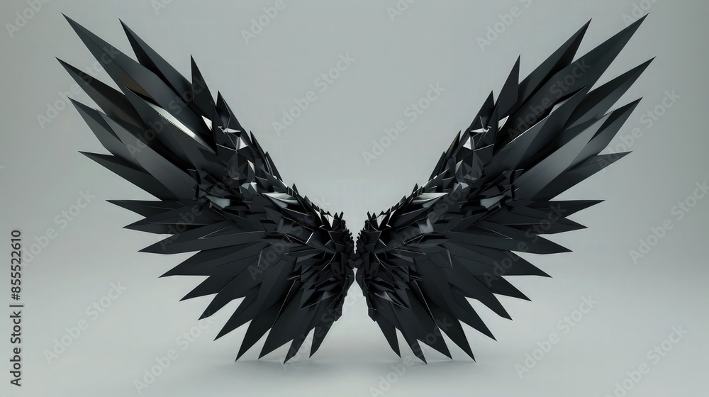 Obraz premium A modern artistic background with stylized black wings composed of geometric shapes and sharp lines against a muted gray backdrop, suggesting a contemporary interpretation of angelic wings.