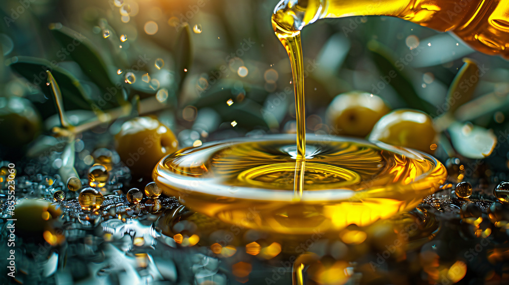 A stream of golden olive oil cascades from a tilted bottle, droplets frozen in motion, with a single green olive suspended nearby. A stream of golden olive oil cascades from a tilted bottle, droplets frozen in motion, with a single green olive suspended nearby.