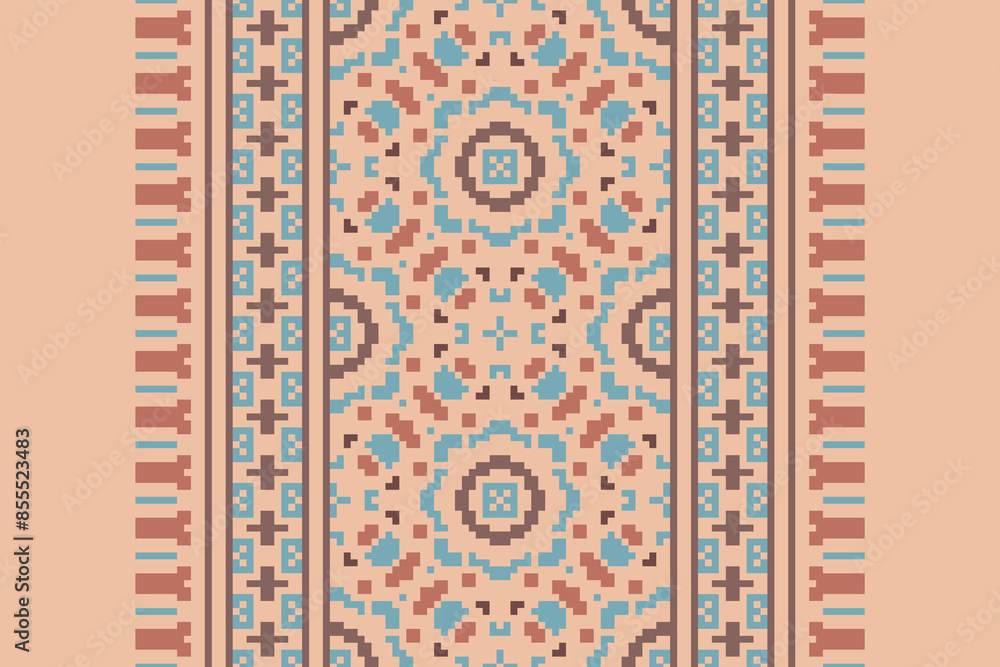 Pixel cross stitch traditional ethnic pattern paisley flower Ikat background abstract Aztec African Indonesian Indian seamless pattern for fabric print cloth dress carpet curtains and sarong Pixel cross stitch traditional ethnic pattern paisley flower Ikat background abstract Aztec African Indonesian Indian seamless pattern for fabric print cloth dress carpet curtains and sarong