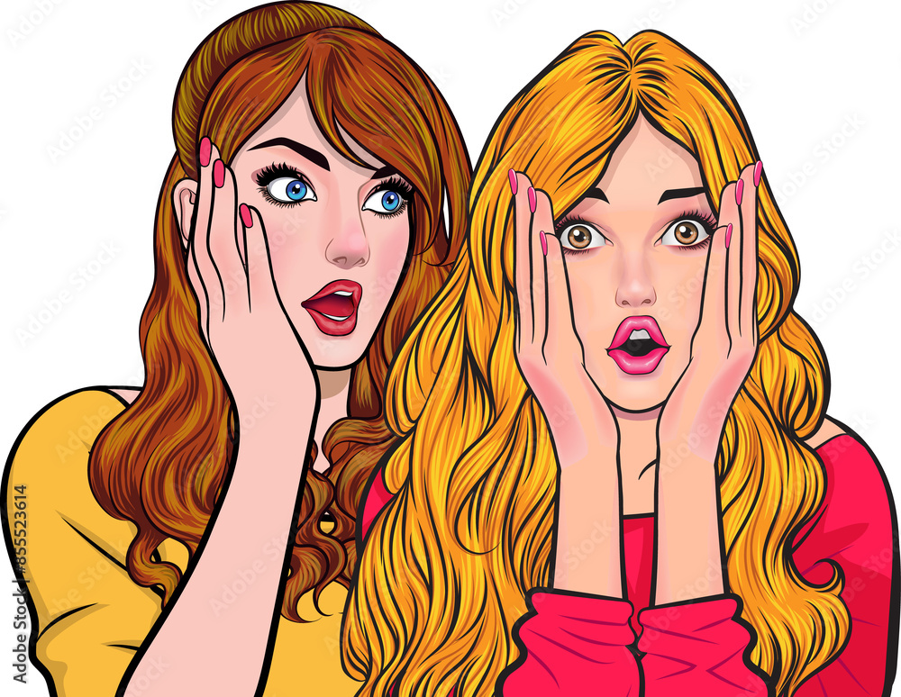 Woman whispering gossip or secret to her friend pop art comics style Woman whispering gossip or secret to her friend pop art comics style