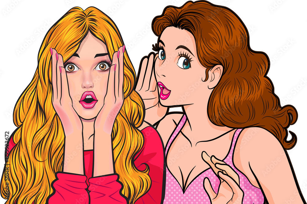 Woman whispering gossip or secret to her friend pop art comics style Woman whispering gossip or secret to her friend pop art comics style