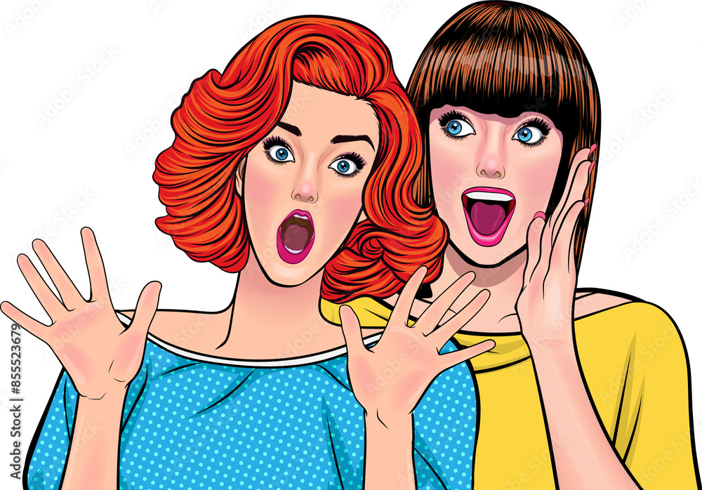Woman whispering gossip or secret to her friend pop art comics style Woman whispering gossip or secret to her friend pop art comics style