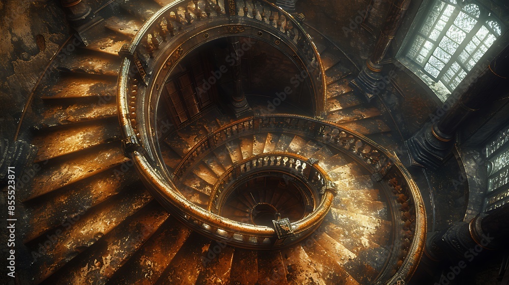 A detailed image of spiral staircases viewed from above, highlighting a vintage architectural look. The staircases have intricate wrought iron railings and aged stone steps. A detailed image of spiral staircases viewed from above, highlighting a vintage architectural look. The staircases have intricate wrought iron railings and aged stone steps.