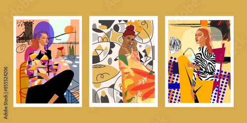 Set of woman portrait abstract geometric, shapes, hand drawn vector wall art illustration. Creative graphic silhouette cubism people. Aesthetic design for art print, cards, poster, cover.