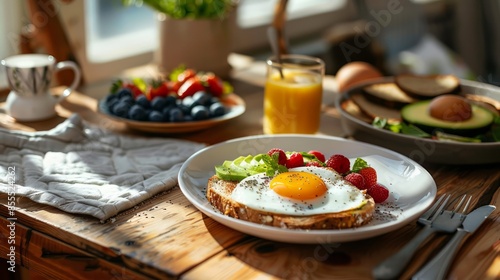 Food for health lovers, fried eggs, berries, avocados