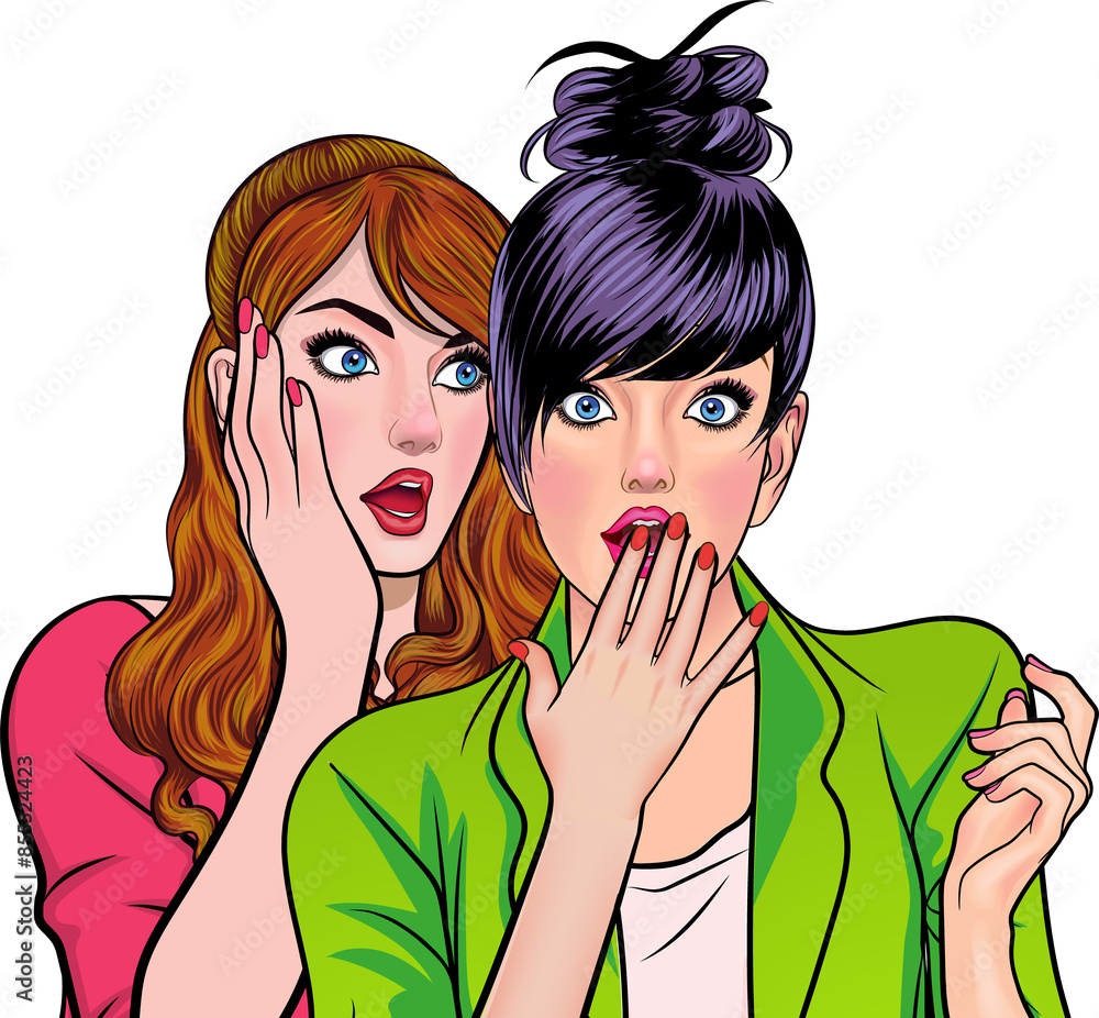 Woman whispering gossip or secret to her friend pop art comics style Woman whispering gossip or secret to her friend pop art comics style
