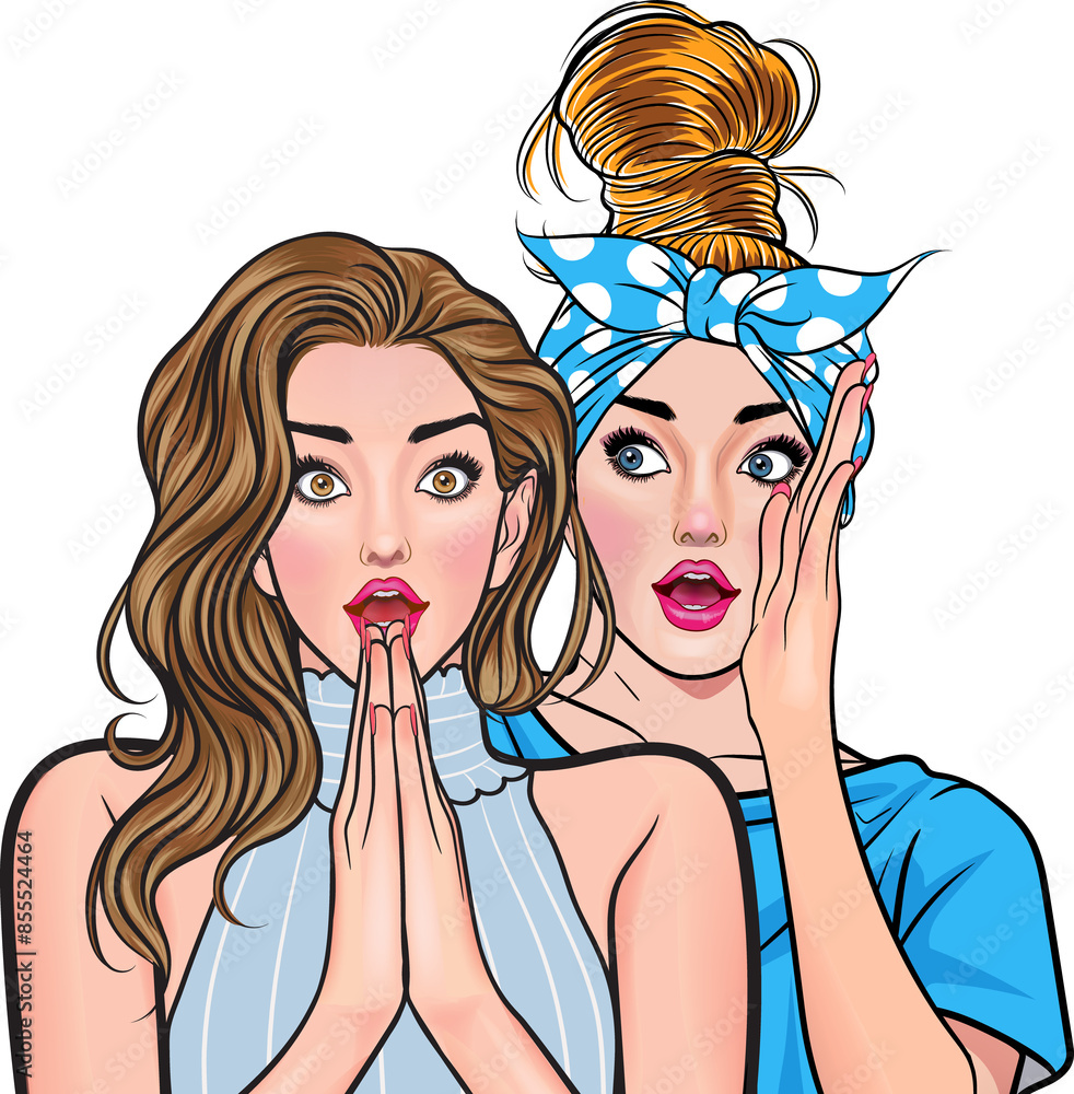 Woman whispering gossip or secret to her friend pop art comics style Woman whispering gossip or secret to her friend pop art comics style