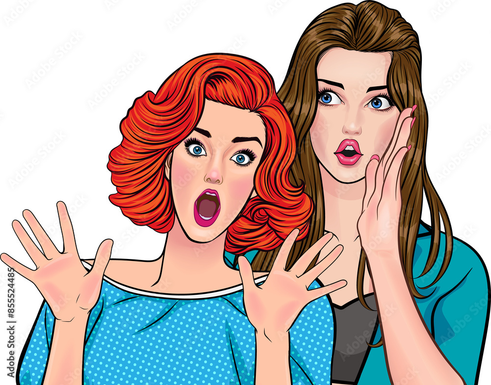 Woman whispering gossip or secret to her friend pop art comics style Woman whispering gossip or secret to her friend pop art comics style