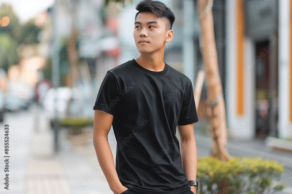 Boy wearing black t-shirt on street in daylight. Casual fashion mockup template. Boy wearing black t-shirt on street in daylight. Casual fashion mockup template.
