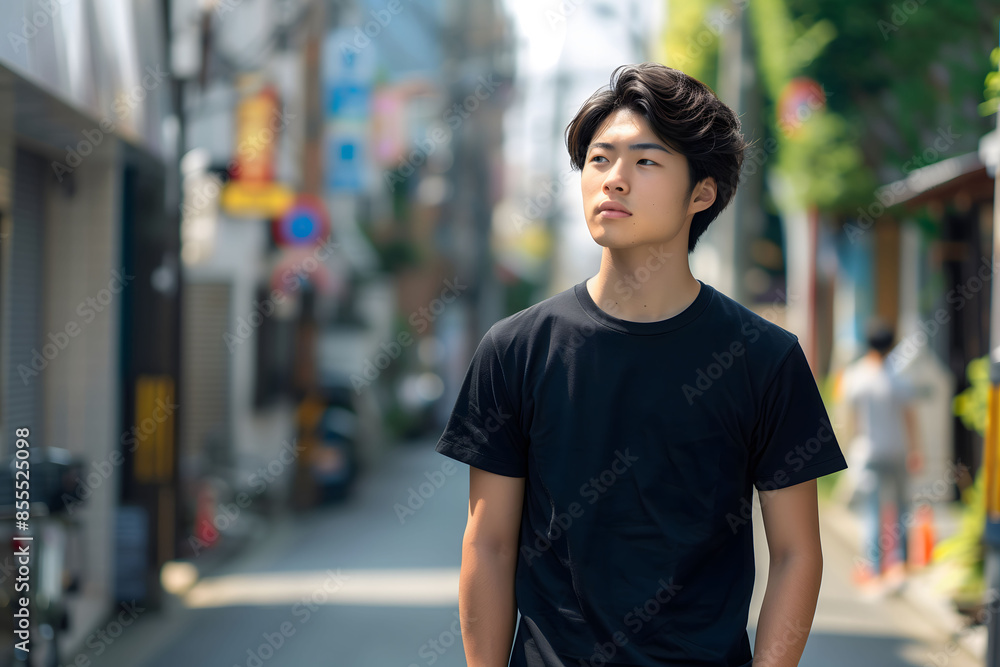 Casual boy in black t-shirt standing on city street in daylight. Mockup template. Casual boy in black t-shirt standing on city street in daylight. Mockup template.