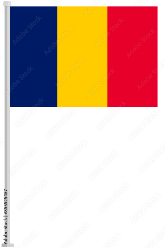 Flag of Chad with silver pole flat icon isolated on white background. Flag of Chad with silver pole flat icon isolated on white background.