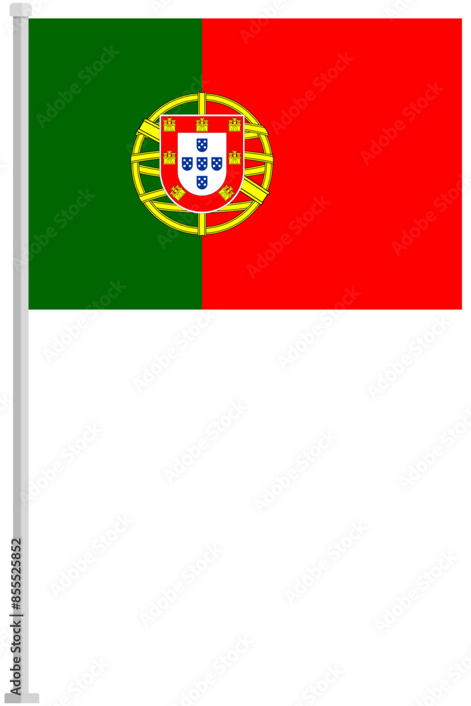 Flag of Portugal with silver pole flat icon isolated on white background. Flag of Portugal with silver pole flat icon isolated on white background.