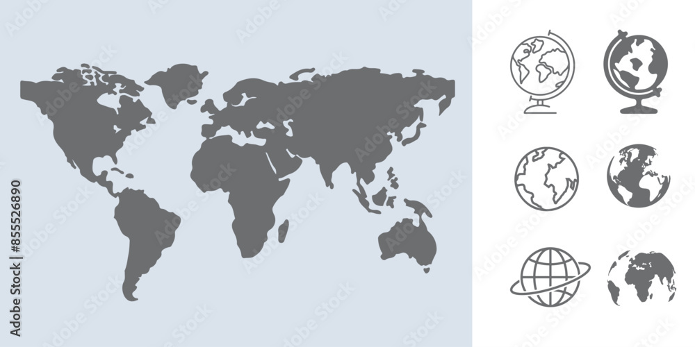 Naklejka premium World map vector grey isolated on white background. Flat Earth, set Globe world map icon.