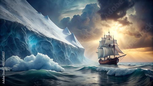 A lost ship sailing through a raging storm in a turbulent sea, on the verge of colliding with a massive iceberg. Intervention from mercy could prevent it from sinking. photo