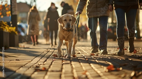 Guide dog helps visually impaired man walk photo