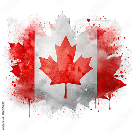 A vibrant watercolor painting of the Canadian flag with splattered ink, representing artistic expression and patriotism. Generative AI