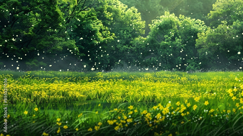 Obraz premium A vibrant green field covered with yellow blossoms set against a backdrop of thriving green grass and the subtle presence of spring snow; the scene captures the essence of a spring park, with golden