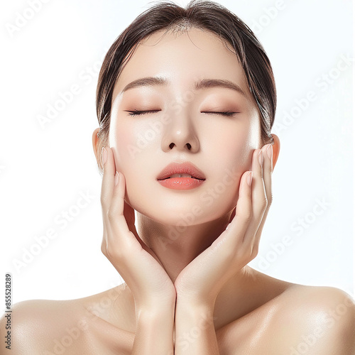 Beauty Korean Asian women spa skin healthy on 100% isolate white background. photo