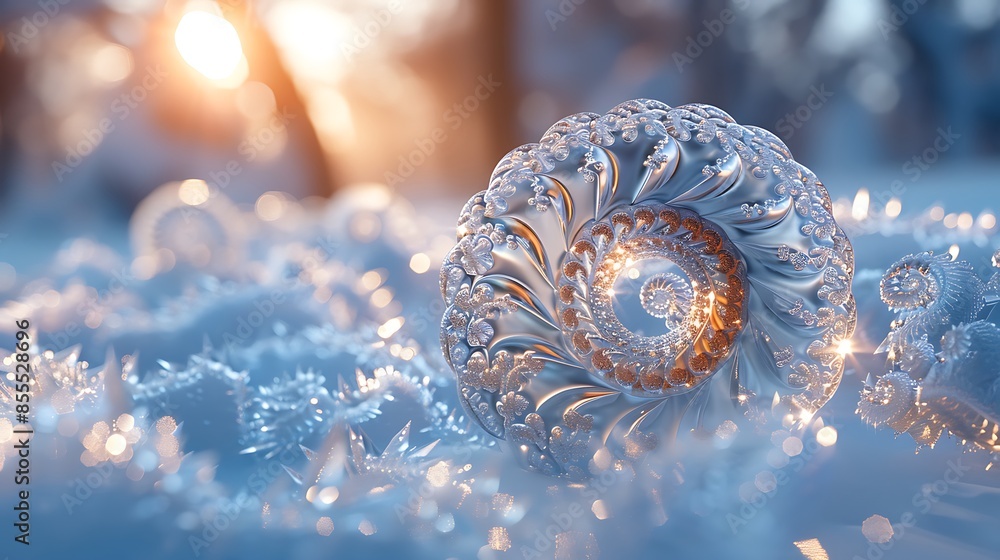 A vibrant design of frosted glass spirals with a blurred winter landscape in the background. The intricate frosted glass patterns are set against the soft focus of snow-covered trees A vibrant design of frosted glass spirals with a blurred winter landscape in the background. The intricate frosted glass patterns are set against the soft focus of snow-covered trees