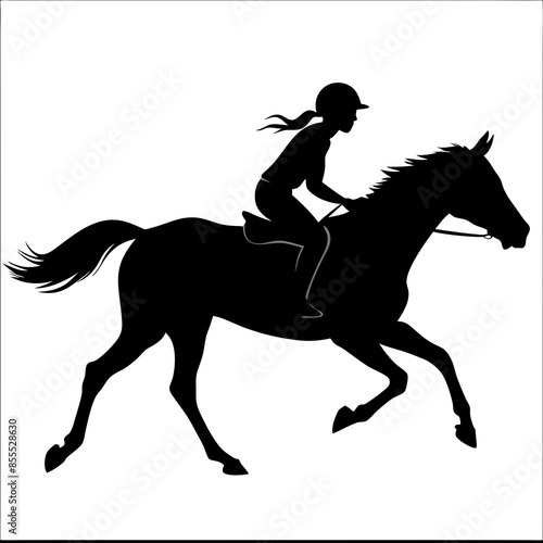 A Lady Jockey riding a running super black horse silhouette. photo