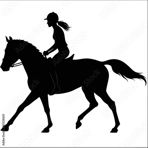 A Lady Jockey riding a running super black horse silhouette.