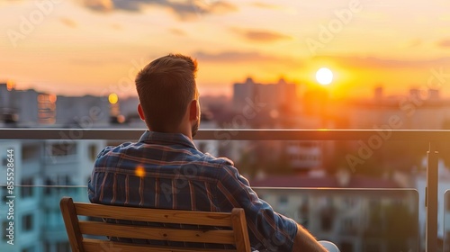 Man enjoying a sunset on apartment balcony, single income lifestyle photo
