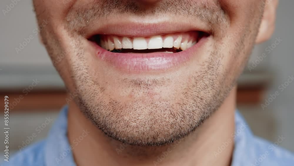 Happy Portrait of Young Caucasian Man Smiling on Camera. Close Up Front of Male Face with Masculine Lips of Open Mouth and Nice Teeth. Facial Macro Details of Smiley Person with Good Dental Healthcare Happy Portrait of Young Caucasian Man Smiling on Camera. Close Up Front of Male Face with Masculine Lips of Open Mouth and Nice Teeth. Facial Macro Details of Smiley Person with Good Dental Healthcare