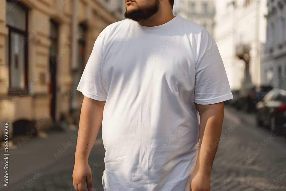 Young hipster male model wearing a white t-shirt on a city street during the day, perfect for design mockup Young hipster male model wearing a white t-shirt on a city street during the day, perfect for design mockup
