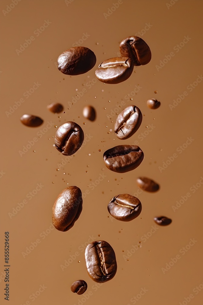 Levitating Roasted Coffee Beans in Dynamic Motion against Brown Background Levitating Roasted Coffee Beans in Dynamic Motion against Brown Background