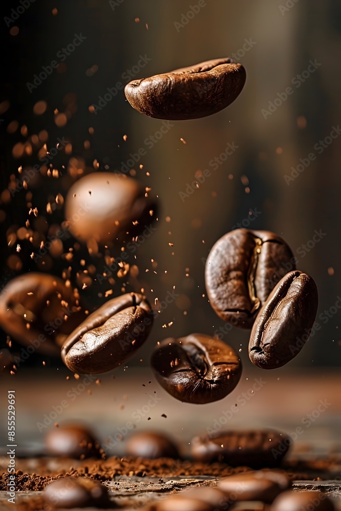 Levitating Roasted Coffee Beans in Motion with Dramatic Lighting Levitating Roasted Coffee Beans in Motion with Dramatic Lighting