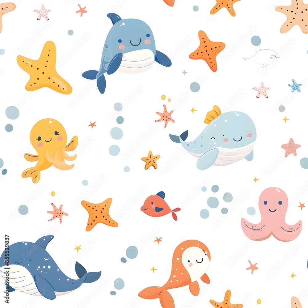 Cute Sea Animals Themed Patterns for Baby Nursery on White Background Cute Sea Animals Themed Patterns for Baby Nursery on White Background