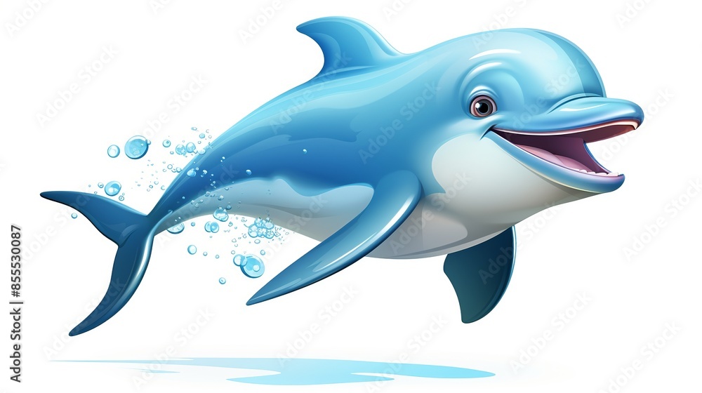 Obraz premium A cartoon dolphin is flying through the air with its mouth open