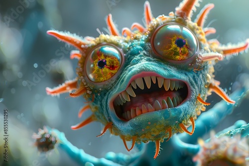 Closeup of 3D Cute Microbe with Eyes and Mouth Under Microscope