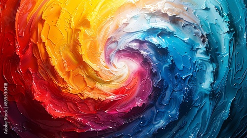 An abstract design featuring vibrant colored paint spirals on a white canvas, creating a fun, artistic vibe. The spirals are dynamic and colorful, blending bright hues of red, blue, yellow