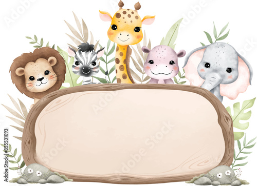 Watercolor Illustration Safari Animals and Wooden Board