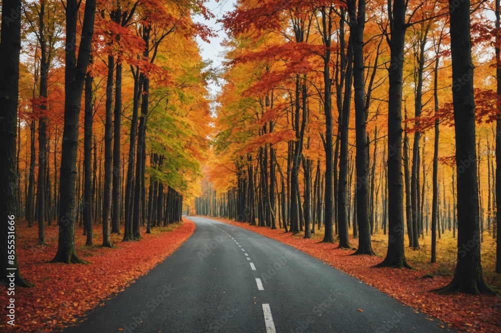 Obraz premium Beautiful empty Road in autumn forest at sunset, trees with red and orange foliage, Colorful landscape