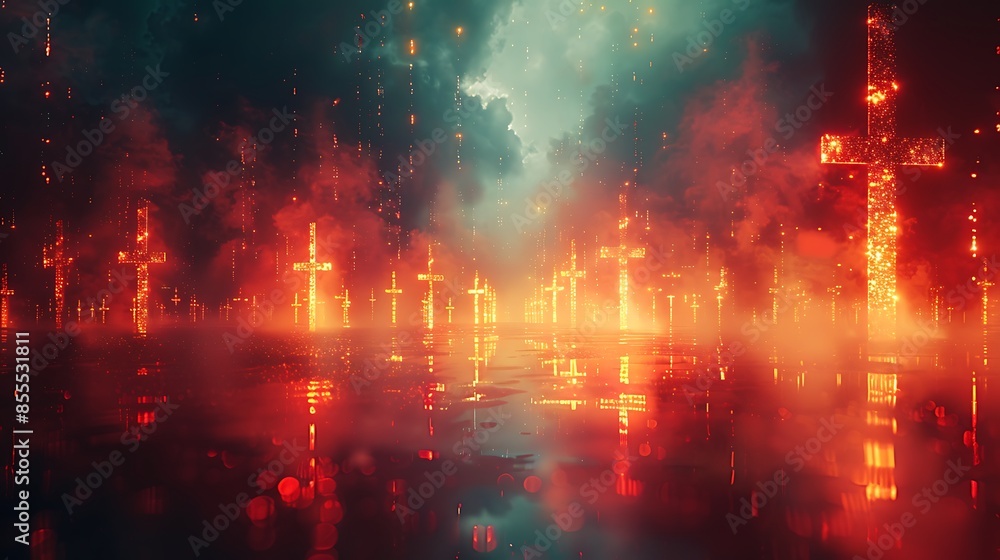 An abstract design of crosses within a digital glitch art composition, creating a tech-inspired disruptive look. The crosses are surrounded by glitch effects, distorted lines, and vibrant colors An abstract design of crosses within a digital glitch art composition, creating a tech-inspired disruptive look. The crosses are surrounded by glitch effects, distorted lines, and vibrant colors