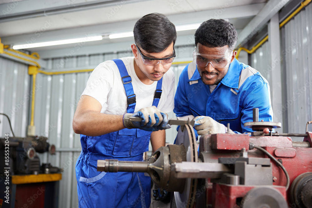 workers or technicians working and checking lathe machine in the factory workers or technicians working and checking lathe machine in the factory
